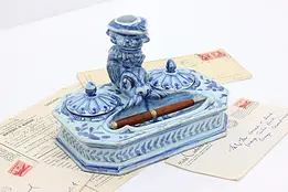 Italian Antique Flow Blue Ceramic Double Inkwell, Cantagalli #50582