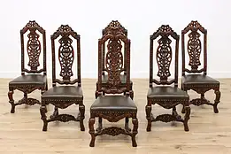 Set 6 Antique Renaissance Carved Oak & Leather Dining Chairs #50260