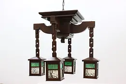 Arts & Crafts Antique Mission Oak Stained Glass Chandelier #50113