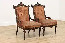 Pair of Victorian Carved Rosewood & Inlay Antique Chairs #50800