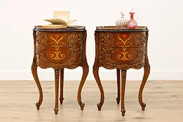 Pair of French Design Antique Carved Marquetry Nightstands #48929