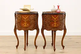 Pair of French Design Antique Carved Marquetry Nightstands #48929