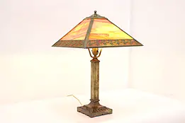 Pyramid Stained Glass Shade Antique Brass Table Lamp Flowers #50333