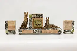 Art Deco Antique Marble 3 Pc Mantel Clock Set, Dogs, Maeght #48760