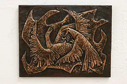 Fighting Birds Vintage Copper Relief Plaque, Signed #50331
