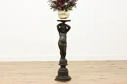 Victorian Antique Iron Cherub Marble Top Sculpture Stand #51488