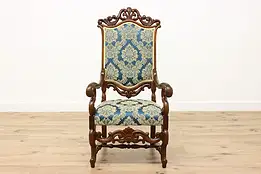 French Design Antique Carved Walnut Throne Chair, New Fabric #50633