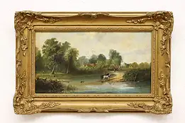 Country Village & Horses Antique Original Oil Painting 23" #50791