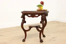 Renaissance Design Antique Carved Lion Demilune Hall Console #51946