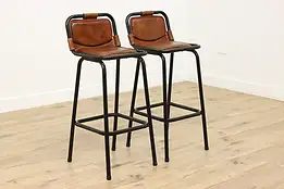 Pair of Vintage Leather & Steel Bar or Counter Stools #50504