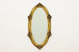 French Antique Gold Painted Oval Wall Mirror, Shells & Roses #53274
