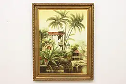 Tropical Island Town Vintage Original Oil Painting, 57.5" #53049