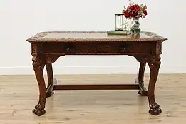 Mahogany Antique Partner Desk Library Table Carved Paw Feet #52255