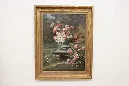 Garden Roses Vintage Original Oil Painting, Signed 61" #53570