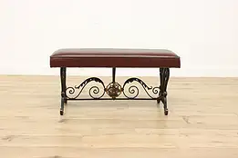 Spanish Colonial Ship Design Wrought Iron & Leather Bench #52247