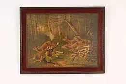 German Deer Hunting Camp Antique Print Signed 24" #53692