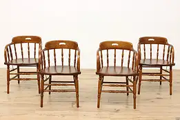 Set of 4 Antique Oak Captain Firehouse Dining Chairs Heywood #53869