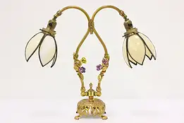 French Vintage Brass & Stained Glass Flower Shade Desk Lamp #52727