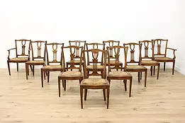 Set 12 Georgian Farmhouse Vintage Dining Chairs, Rush Seats #54020