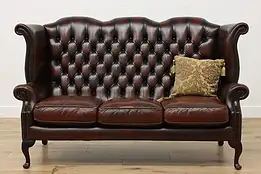 Georgian Vintage Tufted Leather Wingback Sofa or Couch #53980