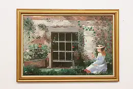 Girl in Garden Vintage Original Oil Painting, Rosell 41" #54172