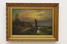 Lakeside Harbor Cottage Antique Original Oil Painting 38" #54285