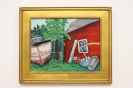 Backyard Boat Vintage Original Oil Painting, Maeder 23.5" #54669