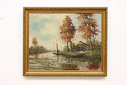 Fishing Cottage Vintage Original Oil Painting, Devries 22.5" #55135