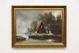 Rainy Cottage Vintage Original Oil Painting, Signed 32.5" #55137
