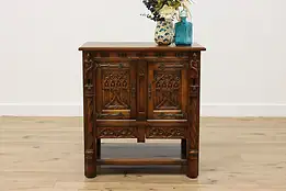 Gothic Antique Oak Hall Bath Office Cabinet, Carved Knights #55080