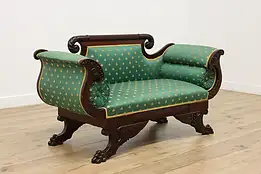 Empire Antique Walnut Settee Loveseat Sofa, Carved Paw Feet  #54912