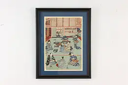 Japanese Antique Geisha House Woodblock Print Signed 19.5" #55338