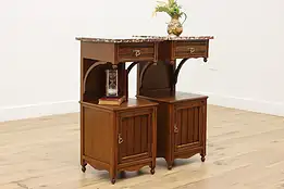 Pair of Art Nouveau Antique Carved Oak Nightstands, Marble #55096