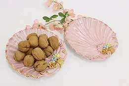 Pair of Italian Vintage Pink Seashell Plates with Flowers #55343