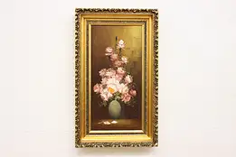 Roses Still Life Vintage Original Oil Painting Signed 30.5" #55345
