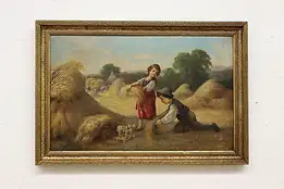 Haystack Children Antique Original Oil Painting, Fig 24.5" #55496