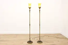 Pair Antique Tudor Lantern Floor Lamps Amber Shades #54468