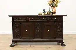 Renaissance Antique Carved Mahogany Buffet or Bar Paw Feet #54698