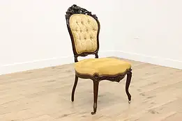 Victorian Antique Carved Rosewood Chair Flowers Suede Seat #55839