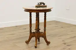 Victorian Vintage Mosaic Marble Top & Carved Teak End Table #55898