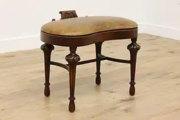 French Design Antique Carved Walnut & Leather Boudoir Bench #55840