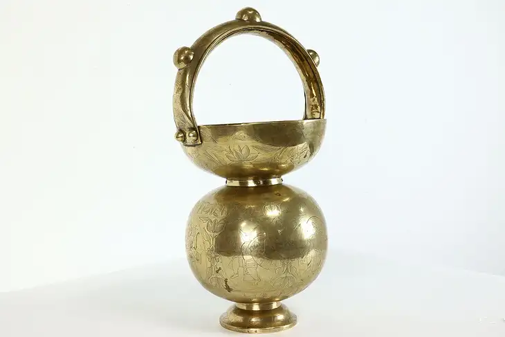 Indian Antique Brass Kamandalu Holy Water Carrier, Hand Engraved #39402