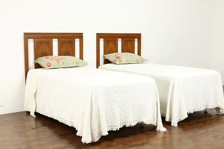 Pair of Chinese Carved Teak Vintage Twin Beds, Fit King Size #39432