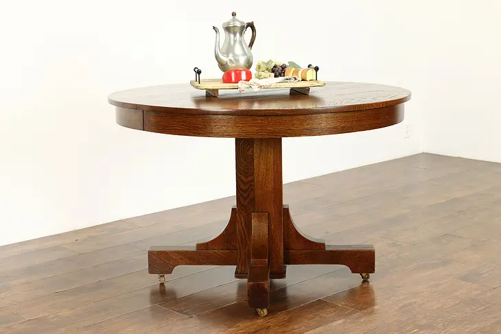 Arts & Crafts Mission Oak 45" Antique Craftsman Dining Table, Extends 95" #39466