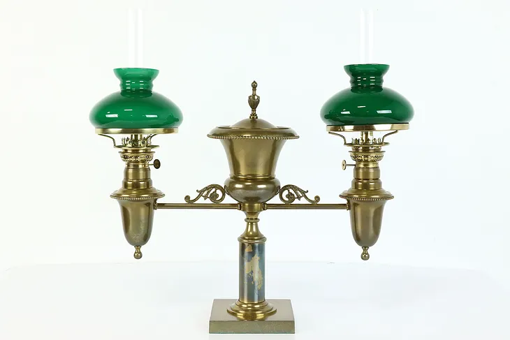 Victorian Antique Brass Double Student Desk Oil Lamp, Emerald Shades #39478