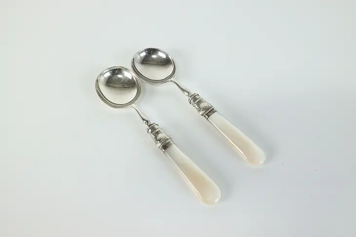 Pair of Silverplate Antique English Pearl Handle Serving Spoons #39482