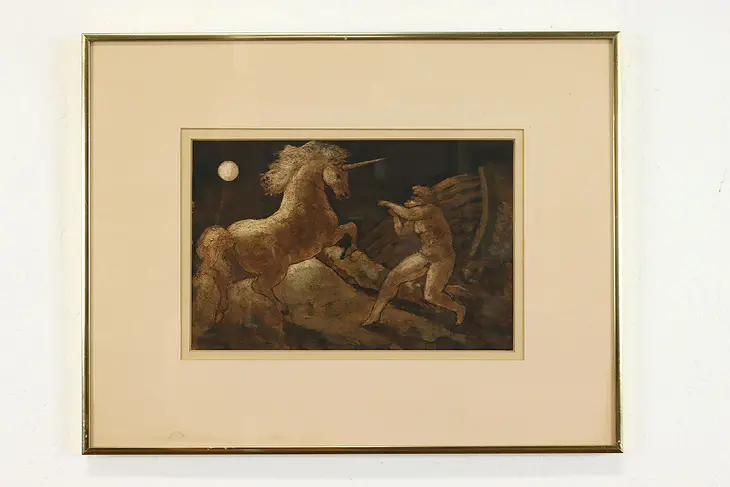 "Noah Roping a Unicorn" Vintage Original Oil Painting, Burdick 18.5" #39487
