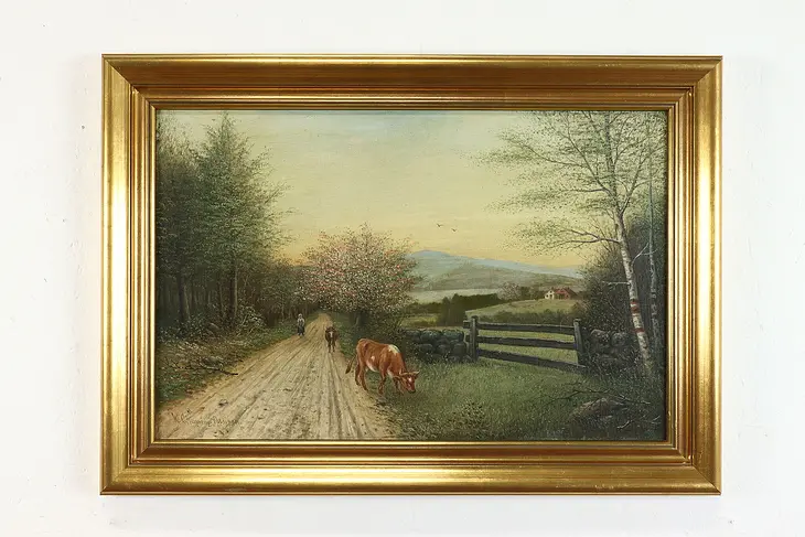 Bringing the Cows Home Original Antique Oil Painting, Addison 29.5" #39290