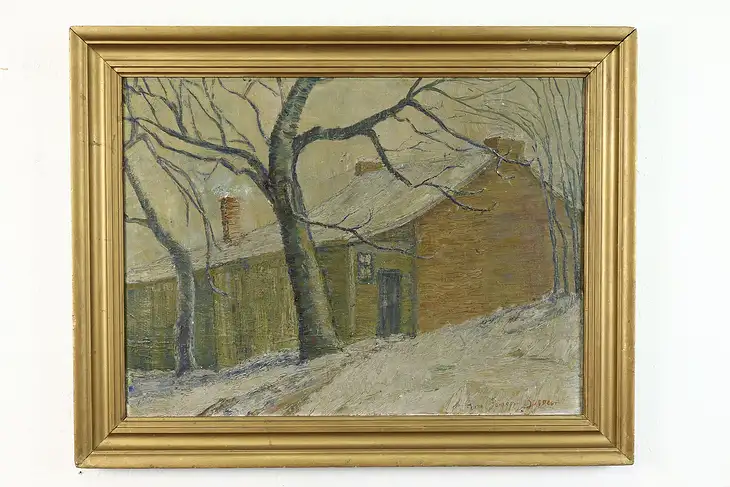 Rustic Cabin in Winter Original Antique Oil Painting, Spencer 28" #39292