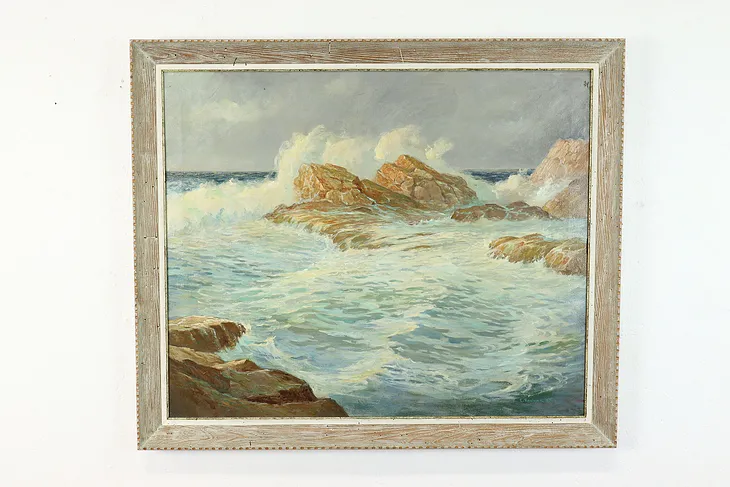 Ocean Crashing Waves & Rocks Original Vintage Oil Painting, Ronyak 38" #39298
